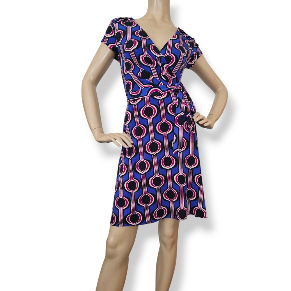 Banana Republic Blue Purple & Fuschia Retro Mod Geometric V-Neck Wrap Dress